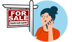 A woman on the phone calling the number on a For Sale sign